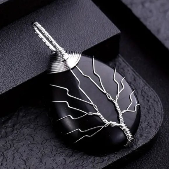 Obsidian Natural Gemstone Tree Of Life Wire Wrap Pendant Necklace - Picture 2 of 2